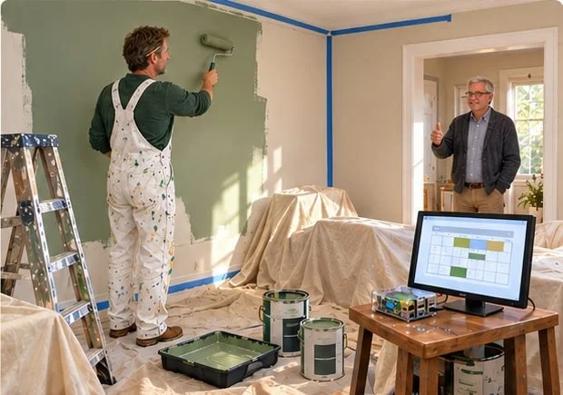 The work begins
Accepted estimate, scheduled job. Monday morning he’s rolling the first coat — and the job knows what it’s costing.