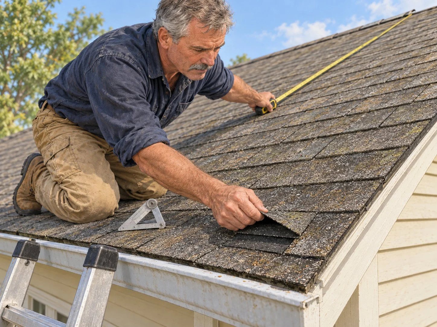 Measure the roof
Section by section, pitch read off the rafter, and the old layers counted before he climbs down.