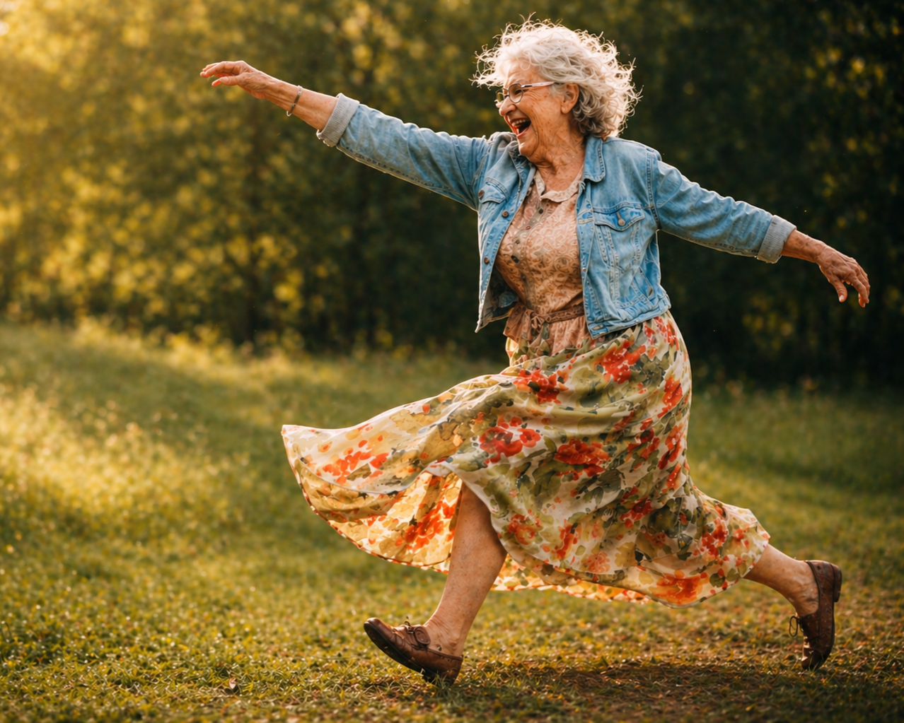An elderly woman with curly gray hair, glasses, and a bright smile is joyfully running through a grassy field with trees in the background. She is wearing a light blue denim jacket, a floral dress, and brown shoes.