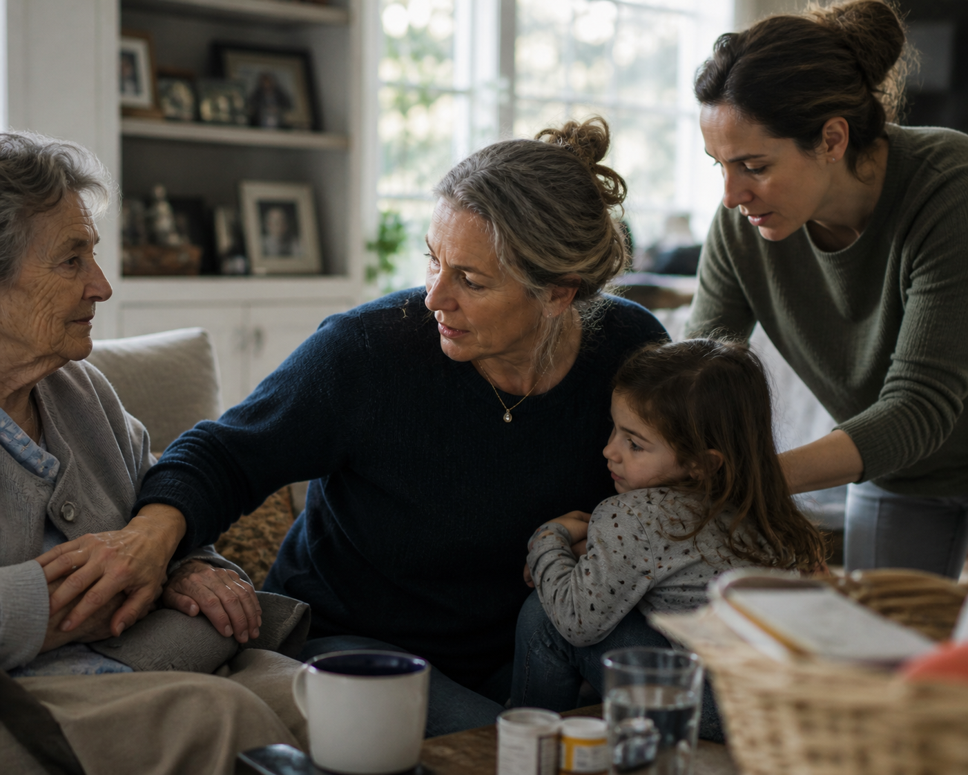 Four generations of women sitting together in a cozy living room, having an emotional conversation while a young girl and an older woman hold hands. A woman is leaning over, showing concern and support.