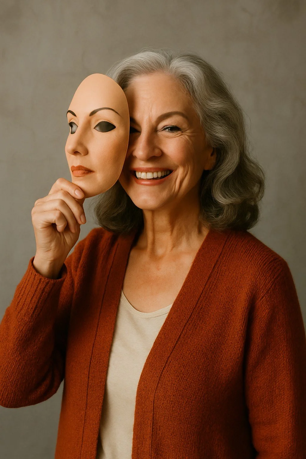 An elderly woman with gray wavy hair smiling, holding a half-face mask with a neutral expression, eyebrows, and lips close to her face, against a plain background.