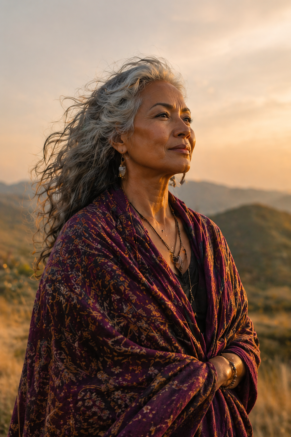 A mature woman with long, curly gray hair and tan skin standing outdoors during sunset, wearing a patterned purple shawl and layered necklaces, with mountains in the background.