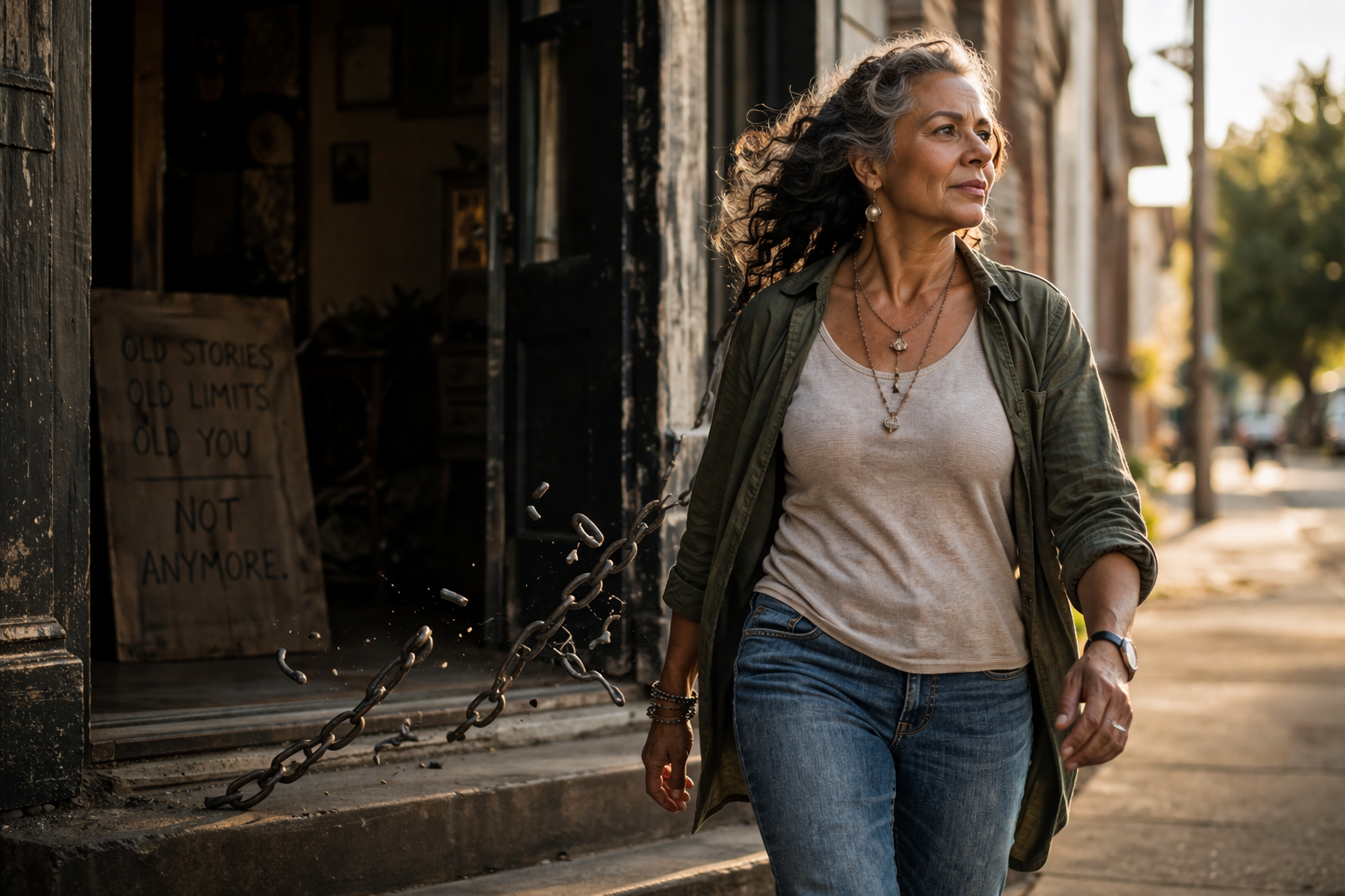 A mature woman with curly gray hair walking on a city sidewalk during sunset, wearing a green jacket, white t-shirt, blue jeans, and jewelry, with a sign in the background that reads "Old stories, old limits, old you, not anymore."