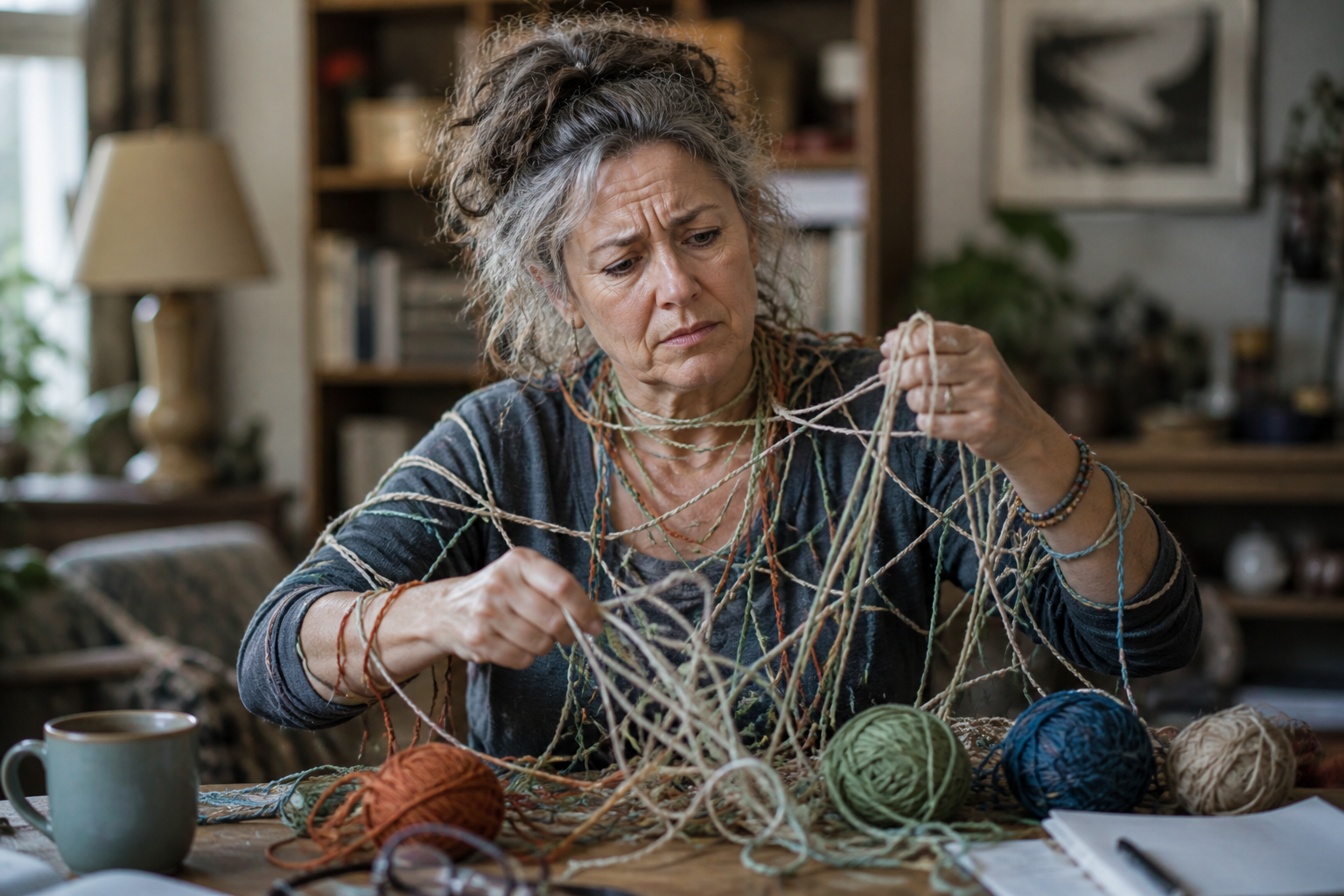 A woman with gray hair in a messy bun looks confused while tangled in colorful yarn at a table in a cozy home.