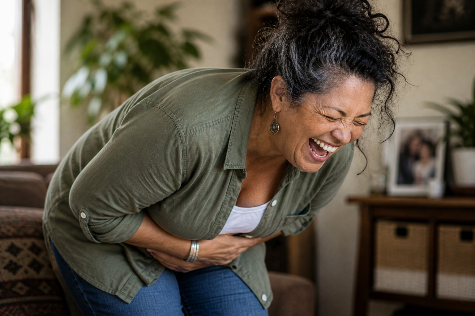 A woman with curly gray hair laughing and clutching her stomach, standing in a living room with plants and framed photos in the background.