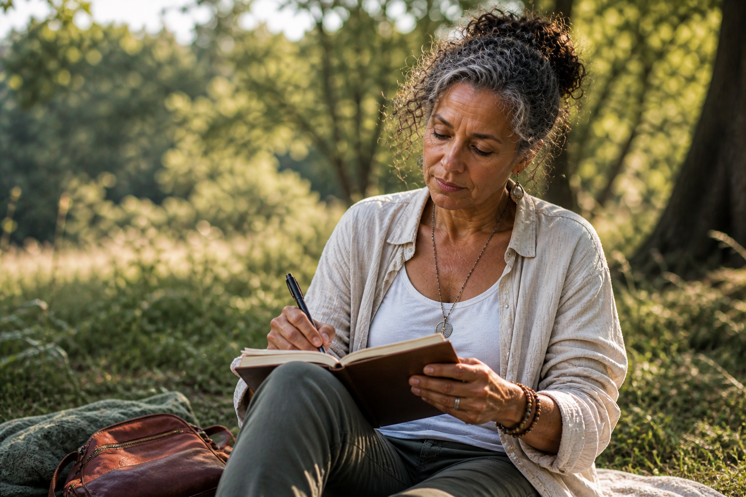 An older woman with gray and black curly hair, wearing a beige shirt and jewelry, sitting outdoors in a park, writing in a notebook on her lap on a sunny day.