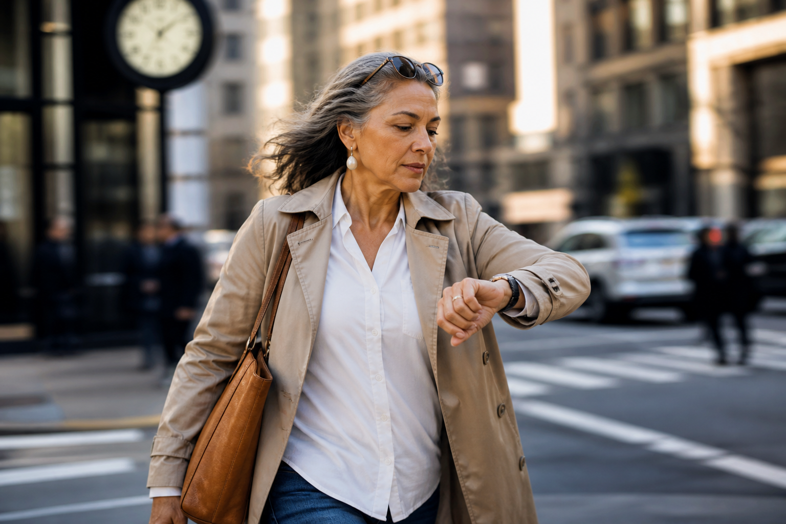 A middle-aged woman with gray hair, wearing a beige trench coat, white shirt, and pearl earrings, is looking at her wristwatch while walking in an urban crosswalk street with buildings and cars in the background.