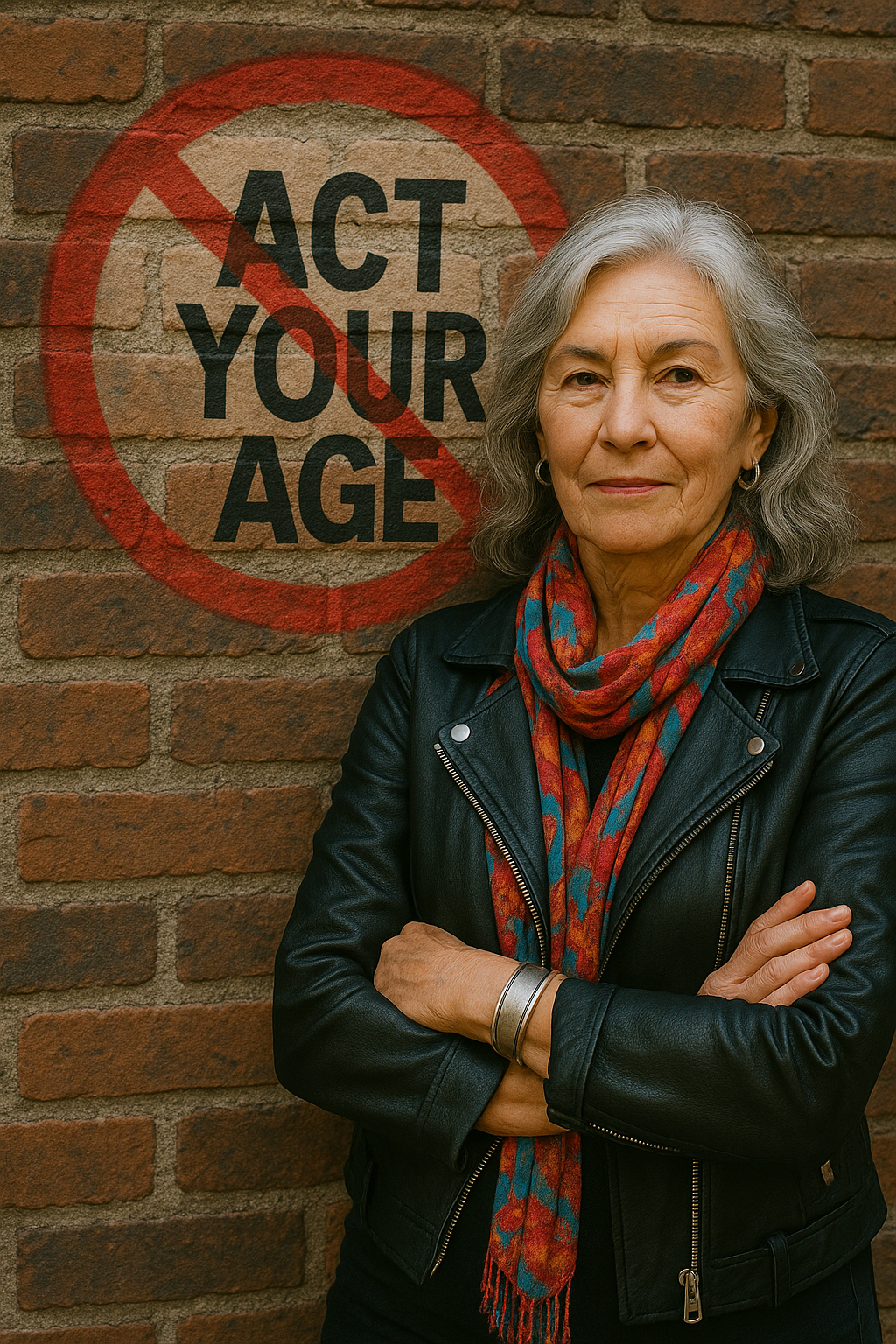 An elderly woman with gray hair and a colorful scarf, standing with crossed arms in front of a brick wall with a sign that has a red circle and slash over the words "Act Your Age."