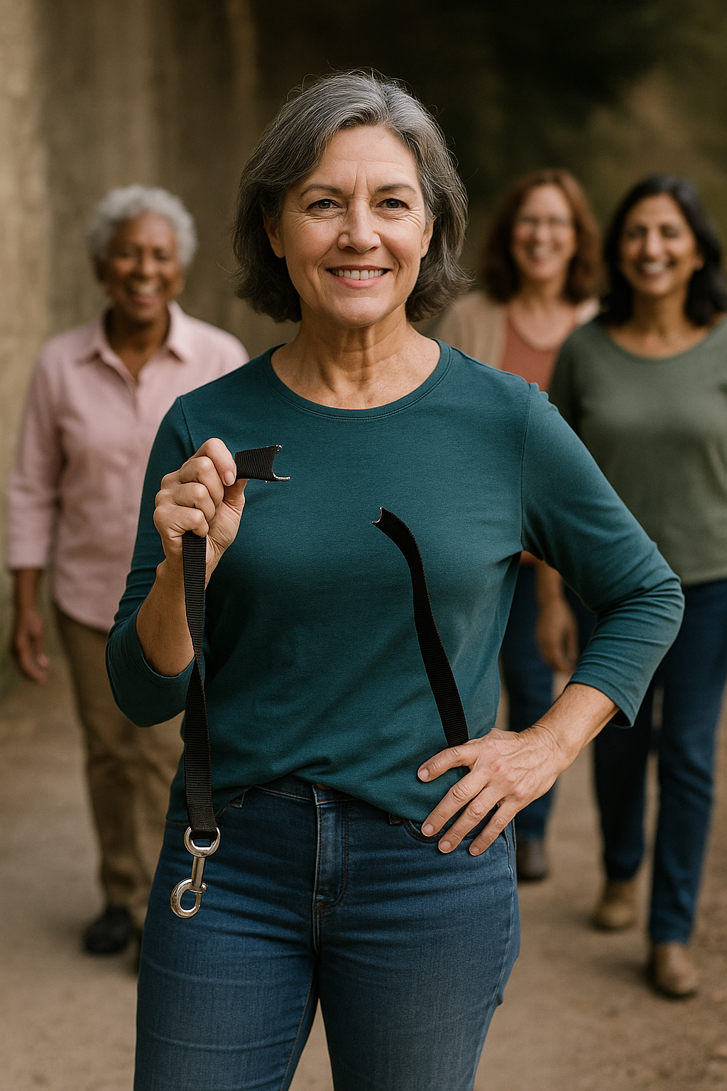 A confident older woman in a teal shirt holding a black leash, standing in front of a group of diverse women outdoors.