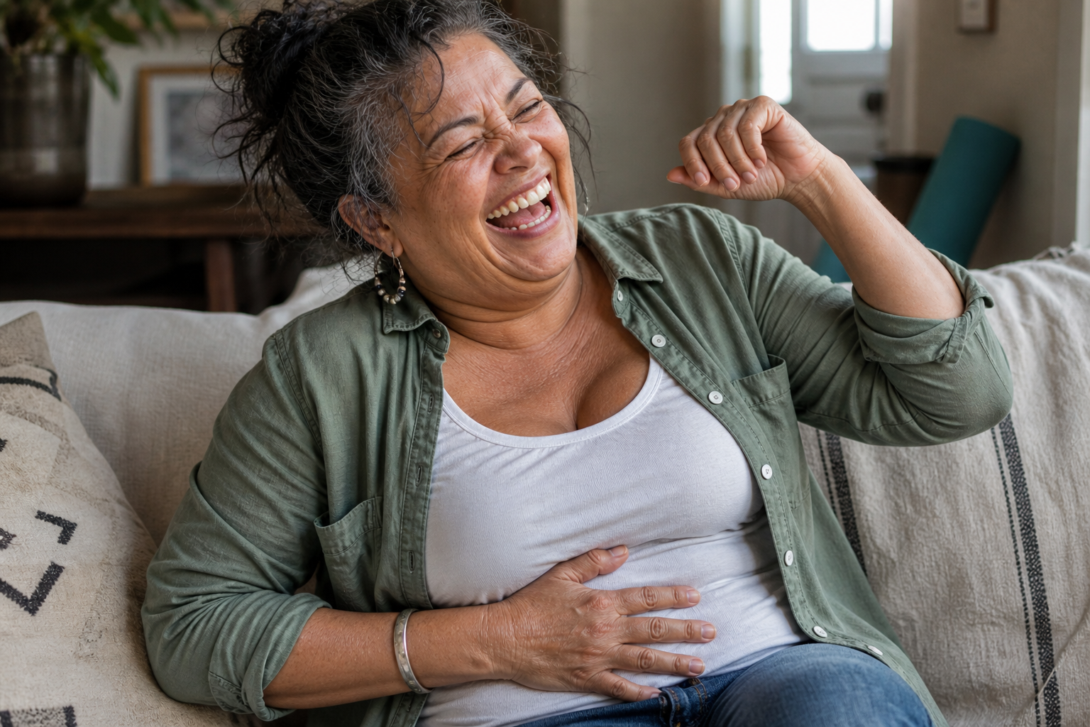 A woman with curly dark hair, wearing an olive green shirt over a white t-shirt, is sitting on a beige couch, laughing and holding her stomach.