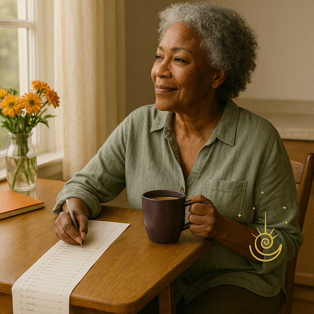 An elderly woman with gray curly hair sitting at a wooden table, holding a dark mug, smiling while writing on a long checklist. There is a vase of orange flowers on the table near a window with beige curtains.
