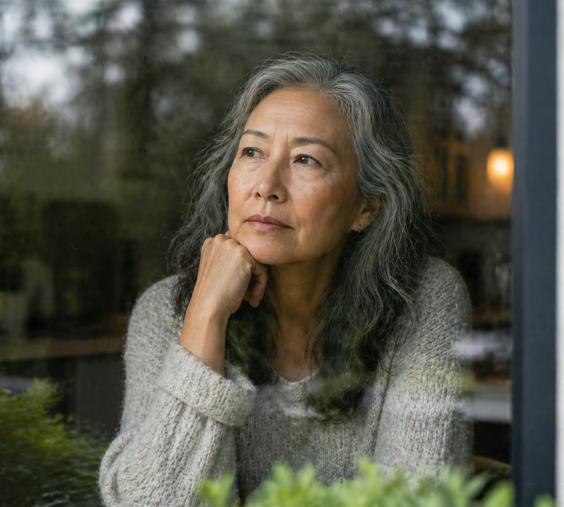 A mature woman with gray hair looking out a window, resting her chin on her hand, with a reflective expression.