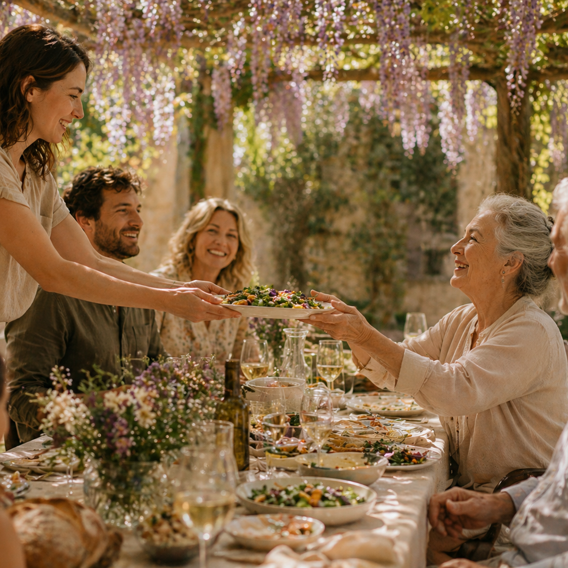 A woman is serving salad to an elderly woman during an outdoor gathering under a flowering tree, with other guests smiling at the table.