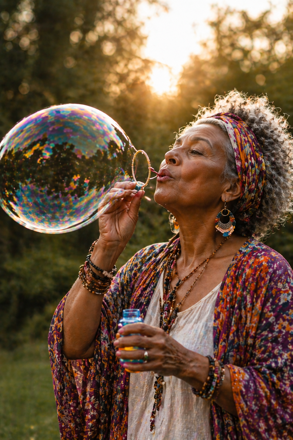 An elderly woman with curly gray hair, wearing a colorful headband, earrings, and layered necklaces, blows a rainbow-colored soap bubble outdoors at sunset.