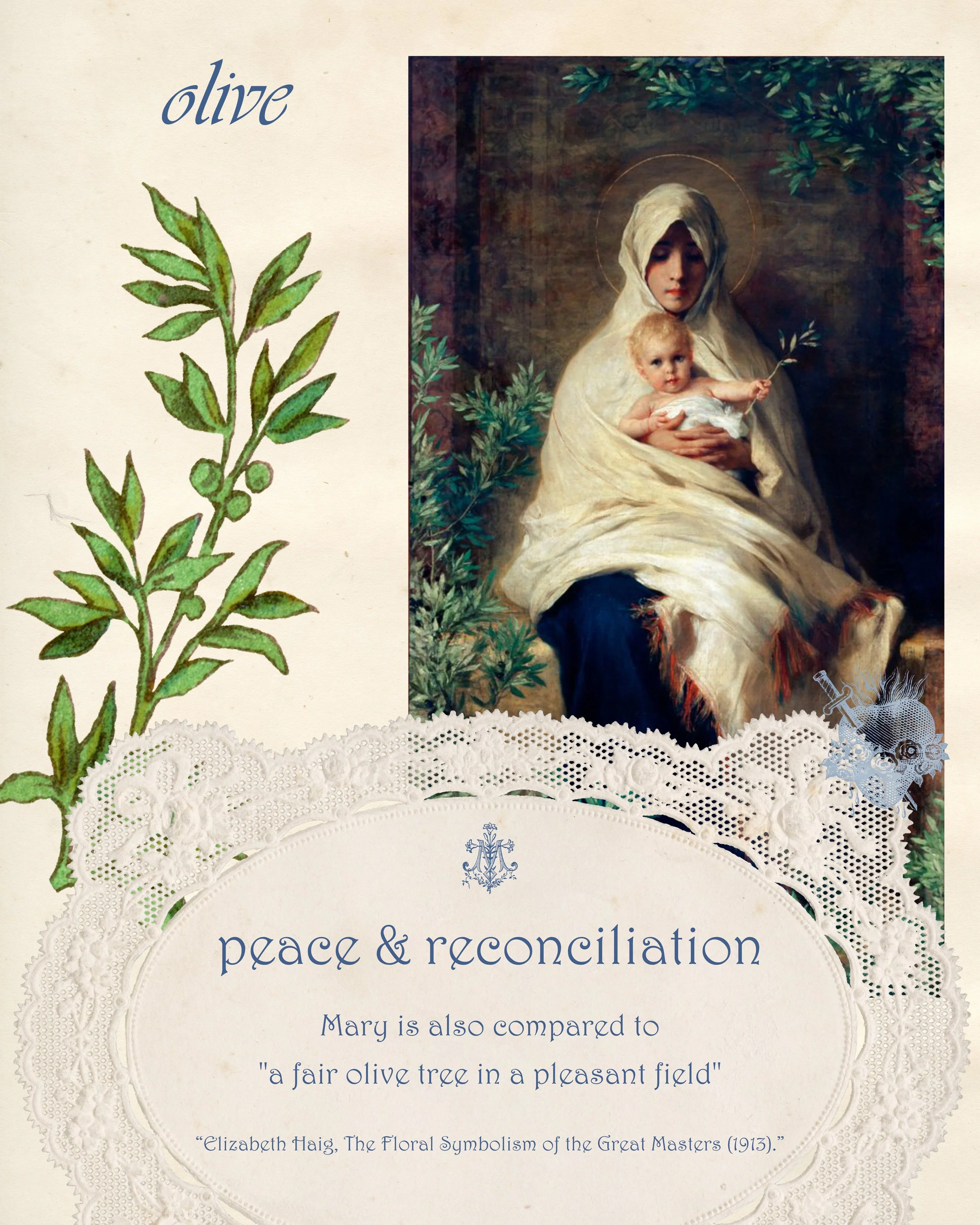 “Olive branch beside a Madonna and Child painting”