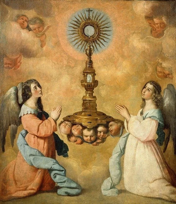Classical painting showing angels adoring our Eucharistic Lord