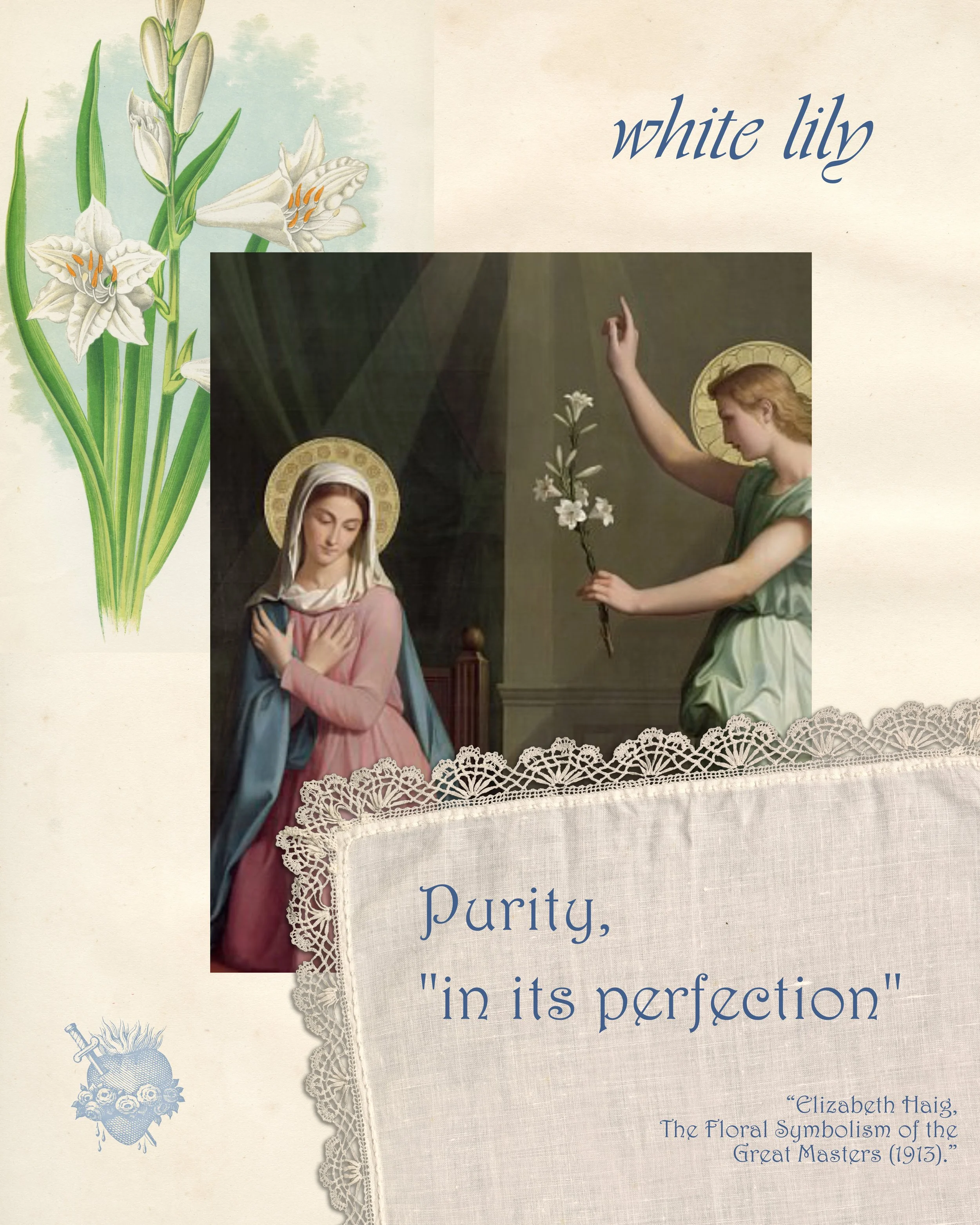 White lily botanical plate and Annunciation painting with the angel Gabriel holding a lily