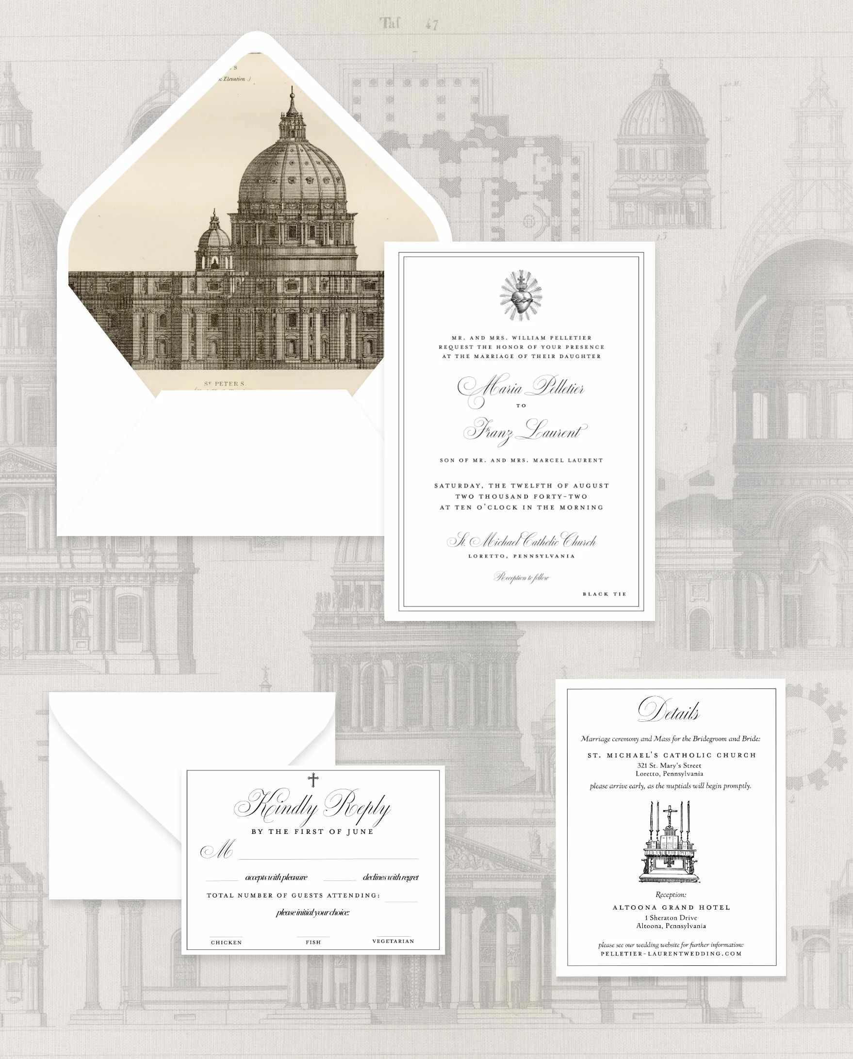 A wedding invitation suite is shown as a sample of what stationery would be appropo for a Traditional Latin Mass wedding