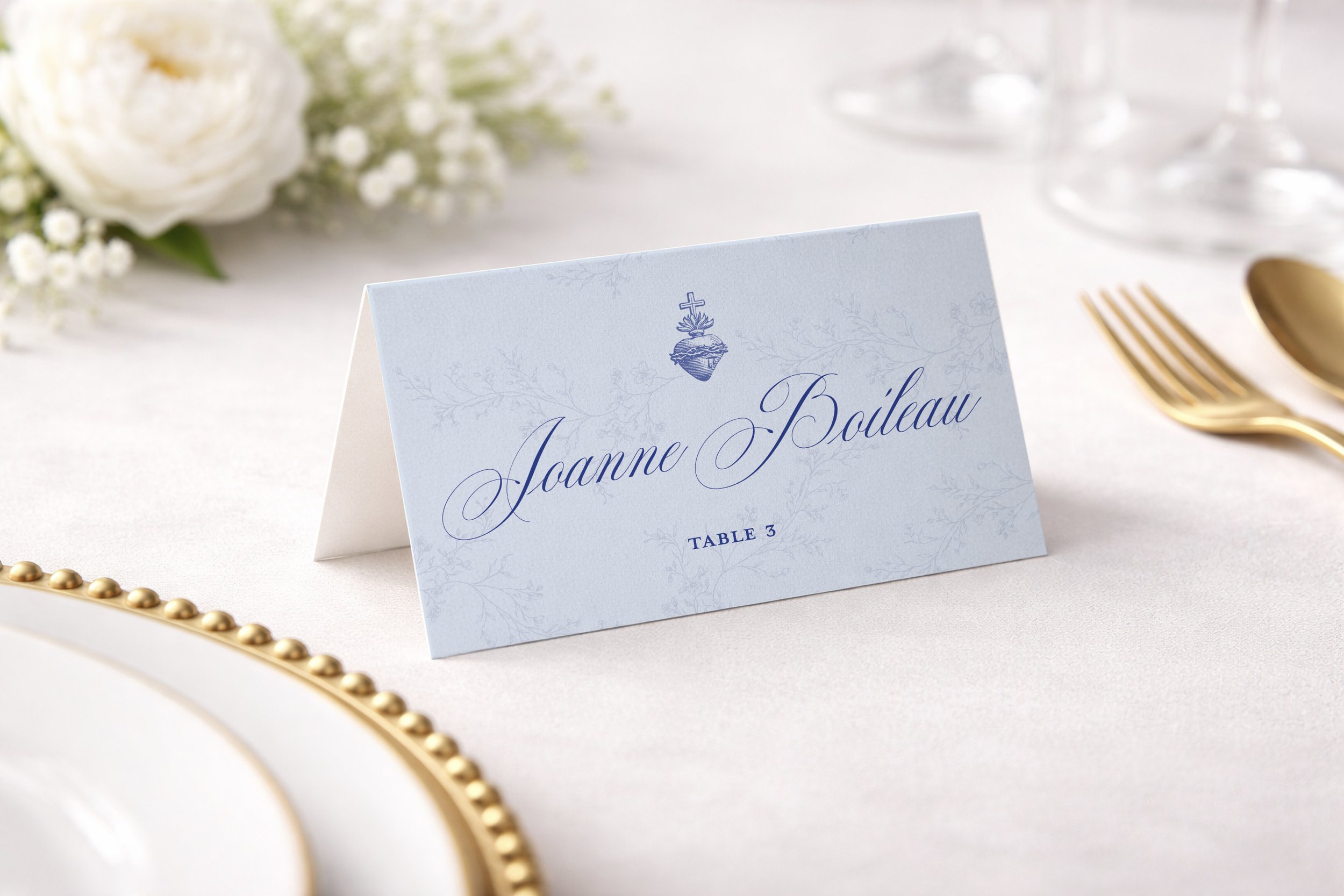 Floral and Sacred Heart theming for 2.5 x 3.5 Escort Cards