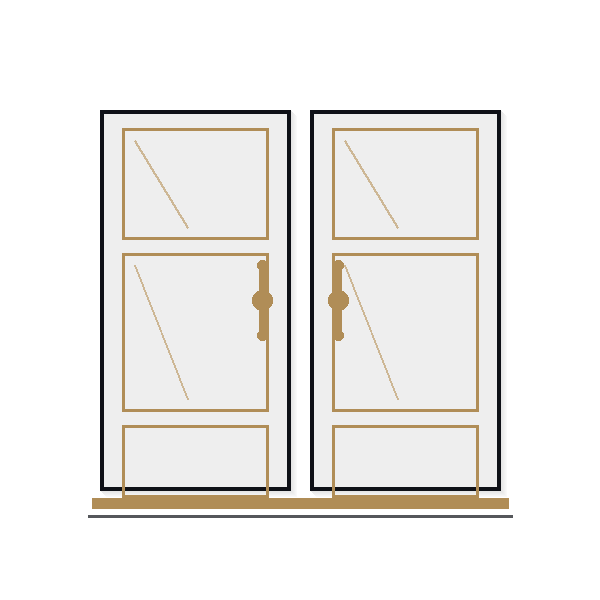 Illustration of closed double doors with window panes and handles.