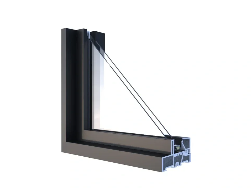 Cross-sectional view of a modern triangular window with black frame and glass pane.