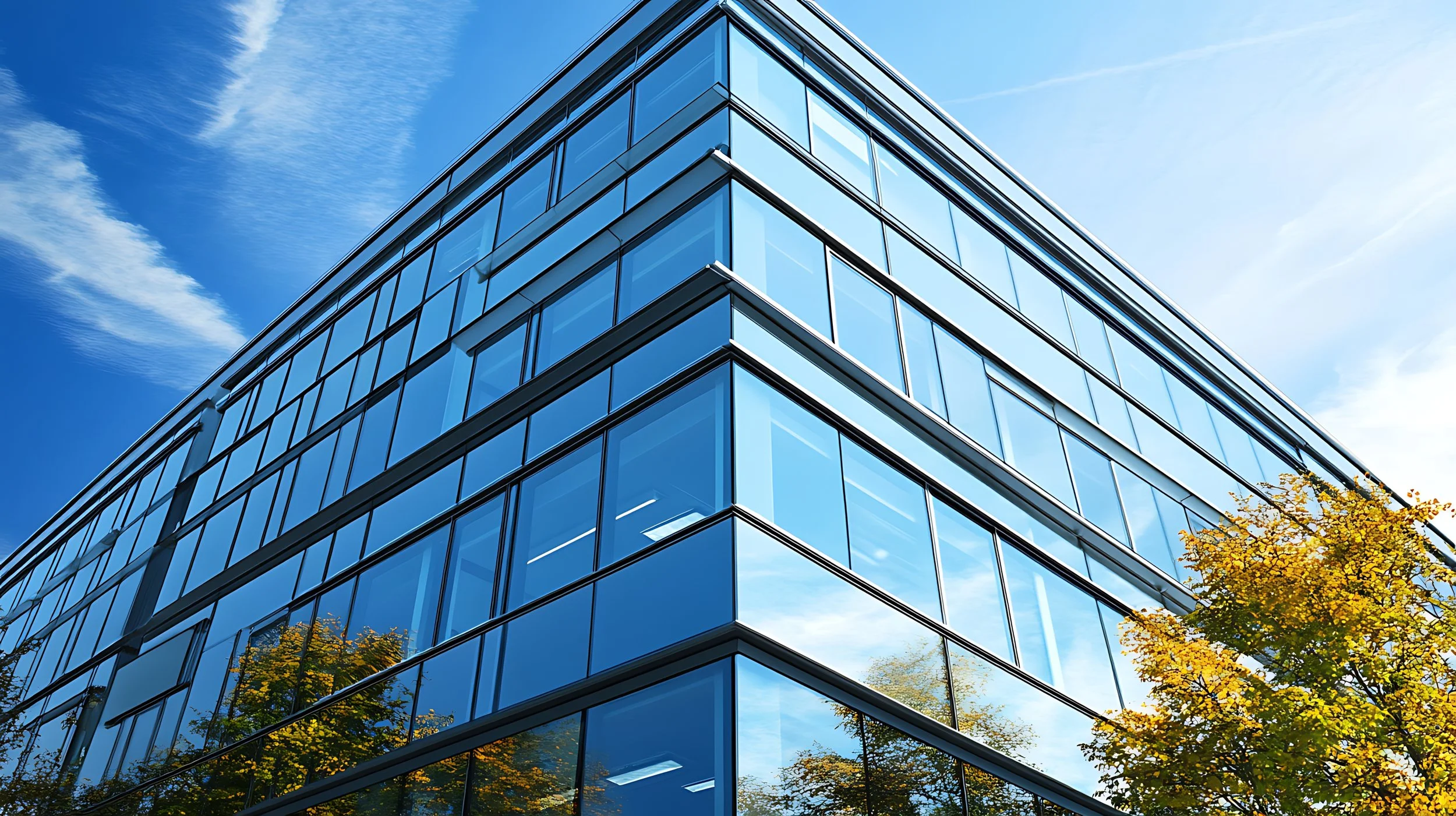 A modern glass building with reflective windows capturing blue sky, clouds, and surrounding trees with yellow leaves.