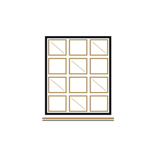 A black and gold window with a grid of 12 panes, some with diagonal lines, and a beige base underneath.