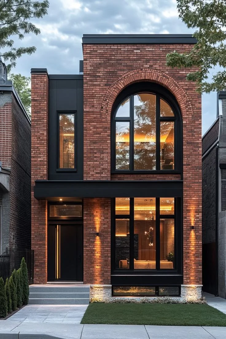 Modern brick house with large black-framed arched and rectangular windows, illuminated interior, and small front yard