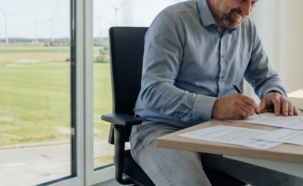 Mann sitzt an einem Tisch im Büro, schreibt auf Dokumente, im Hintergrund große Fenster mit Blick auf eine grüne Landschaft mit Windkraftanlagen.