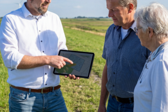 Drei Personen schauen auf ein Tablet in einer landwirtschaftlichen Umgebung.