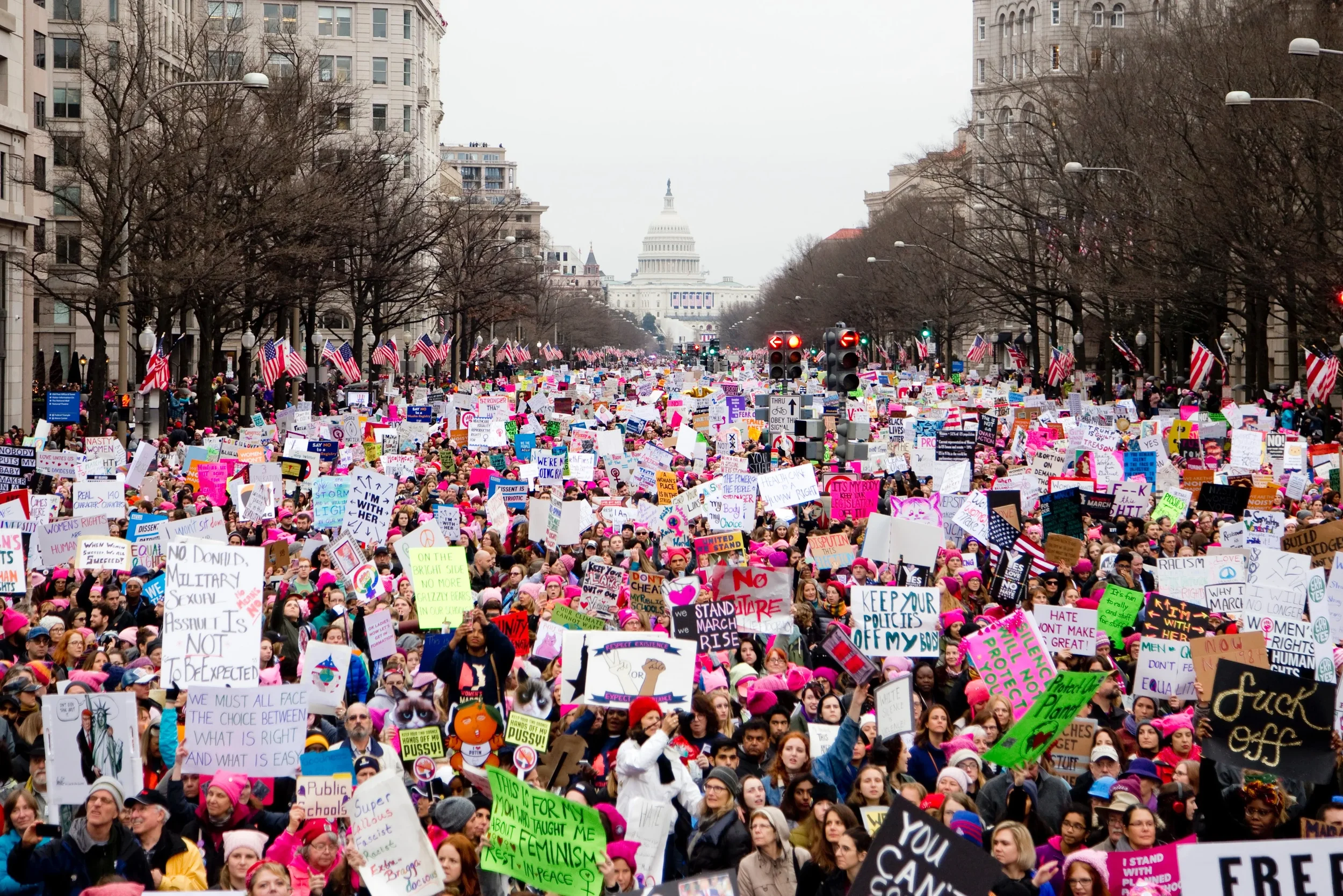 A large crowd of protesters marching down a city street with many holding signs and flags. The U.S. Capitol building is visible in the background.