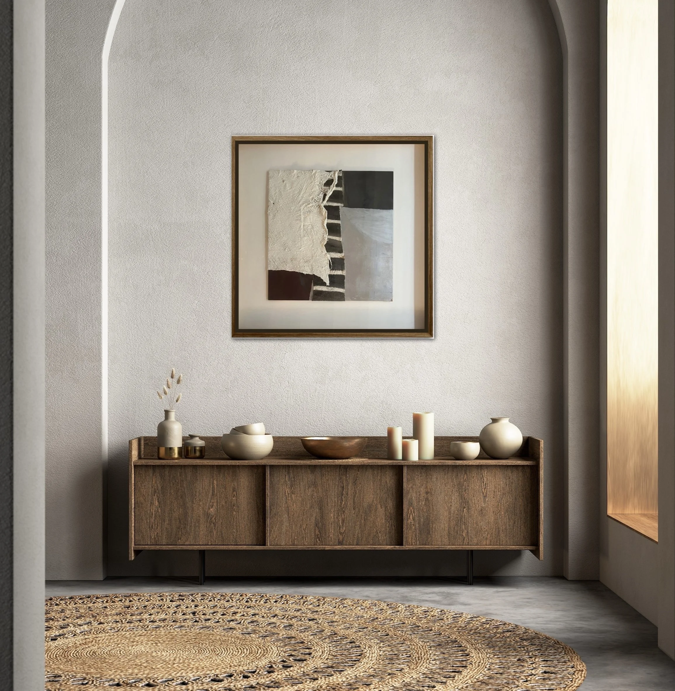 Found 2022- 83 x 83cm – framed size
Silver leaf, banana bark and pigments on board, framed 