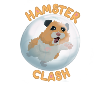 Cute hamster inside a glass hamster ball with a cheerful expression, surrounded by the words "Hamster Clash."