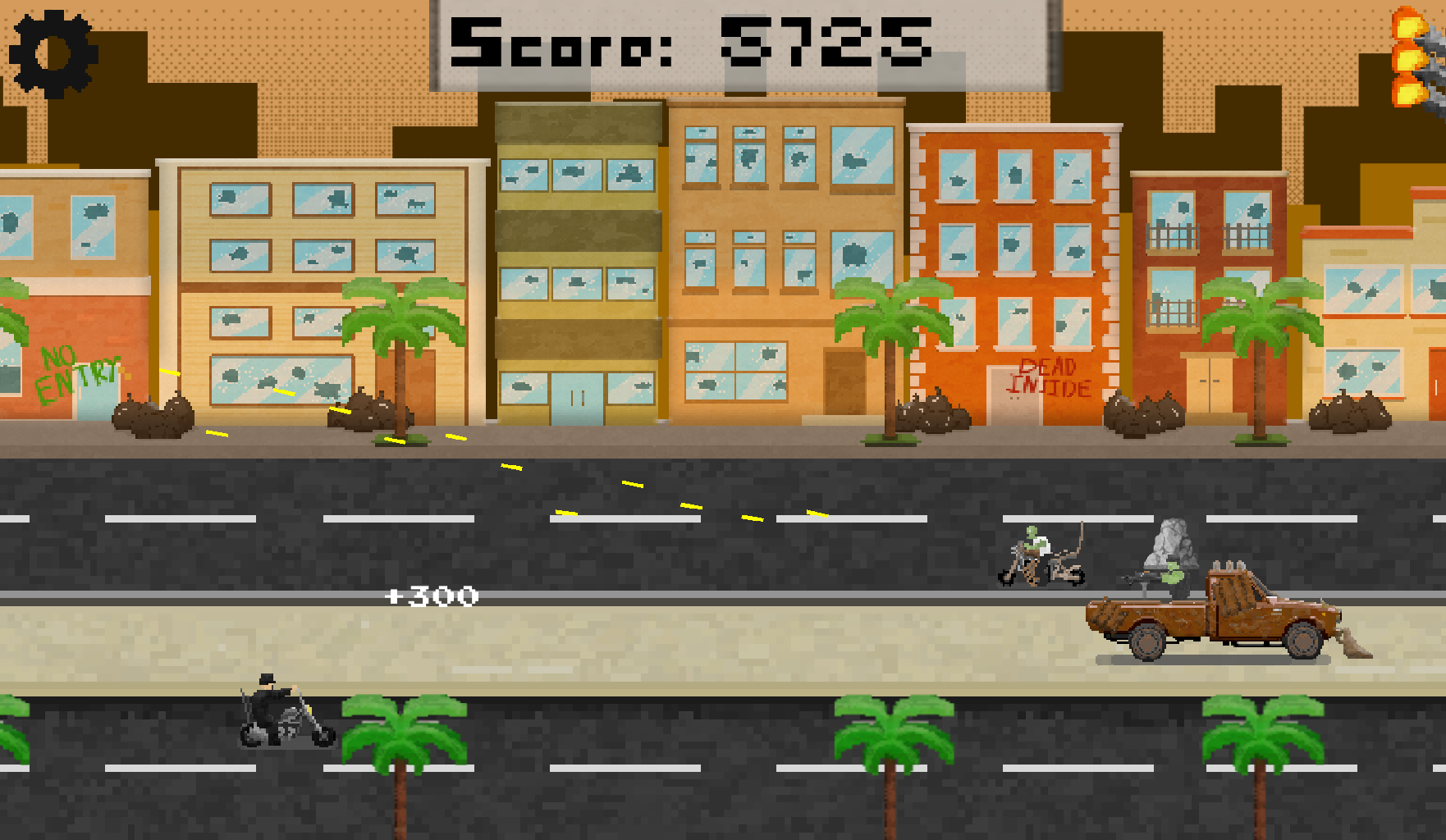 Pixel art-style city street scene with colorful buildings, palm trees, and vehicles including a motorcycle, a pickup truck, and a skateboard. Some buildings have signs, one says 'No Entry' and another 'Dead Inside.' There are piles of dirt and scattered debris on the sidewalk, and a score display at the top reading 3725.
