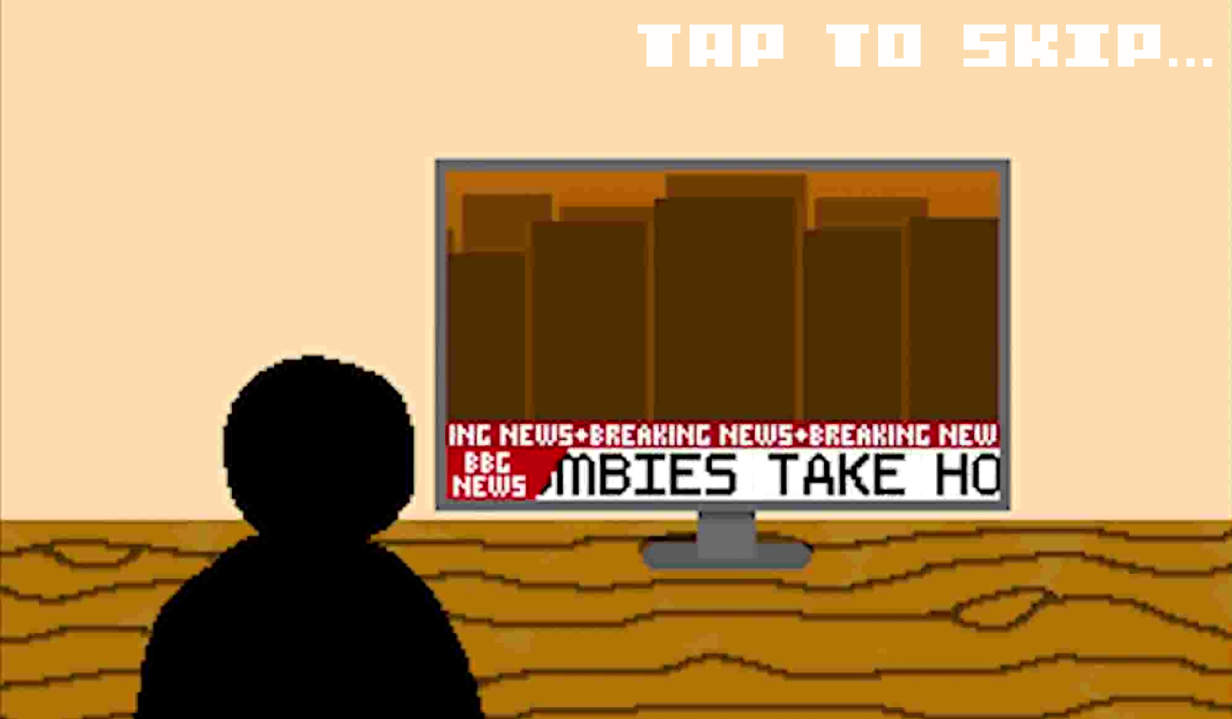 A pixel art scene of a person watching a television with a news broadcast, set on a wooden surface against a plain background. The TV screen displays headlines with the text 'INC NEWS BREAKING NEWS' and 'AMBIES TAKE HO'.