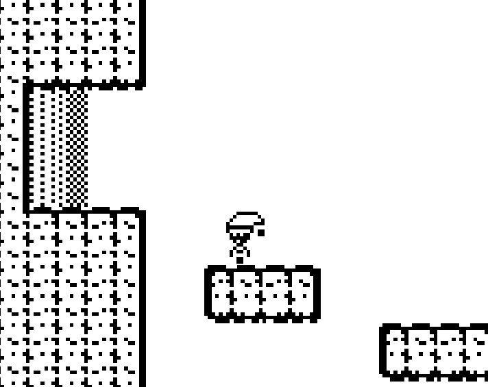 Pixel art of a character with a parachute jumping onto a platform in a black and white drawing game scene.