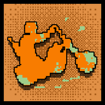 Pixel art of an orange whale on a sandy background.