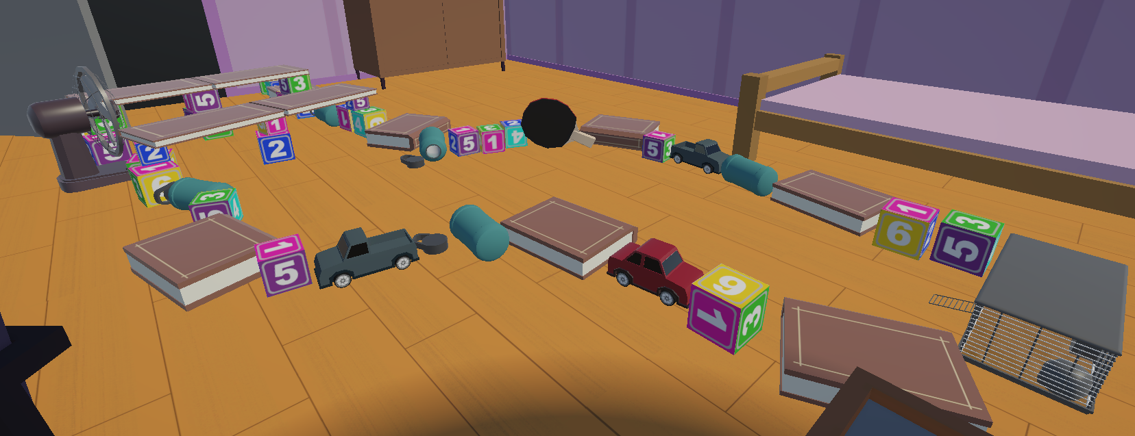 Toy room with wooden floor, purple walls, and various toys including toy cars, blocks, a treadmill, and a bed.