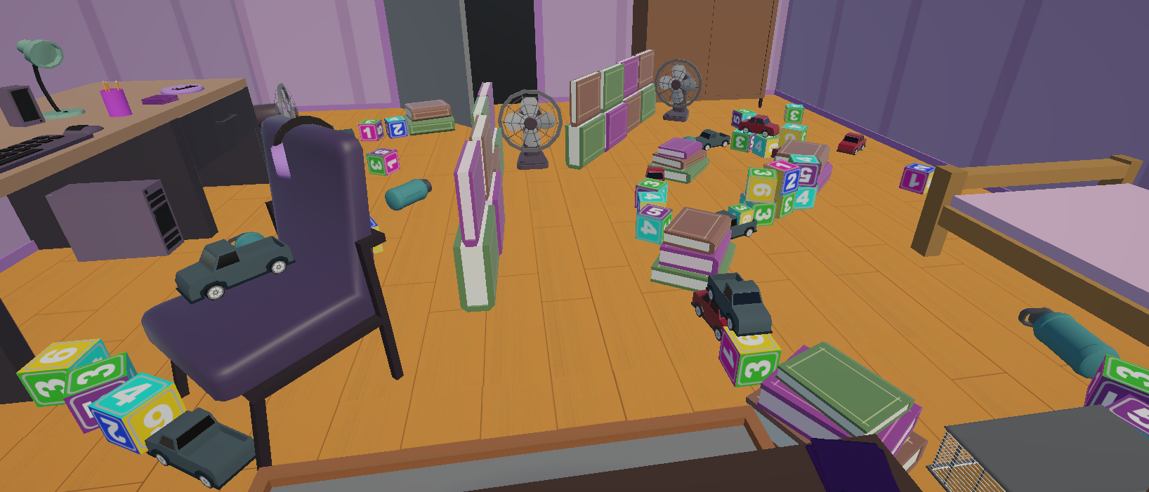 Child's messy bedroom with toys scattered across the wooden floor, including toy cars, alphabet and number blocks, books, a desk with a lamp, and a bed with purple bedding.