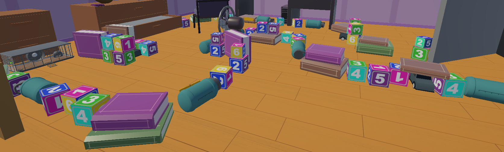 A chaotic indoor play area with colorful foam blocks, plastic bottles, and various toys scattered on the wooden floor, some stacked and some toppled over, against a background of furniture and purple walls.