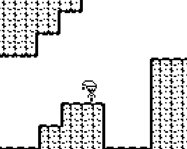 A pixelated black and white character walking on a platform in a retro video game environment with cliffs and platforms.