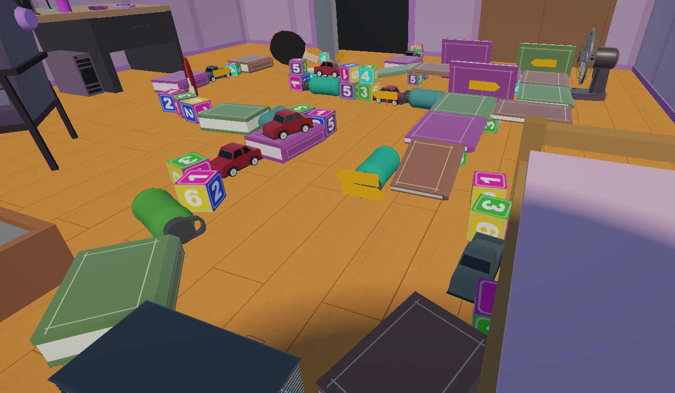 Toys scattered across a wooden floor, including toy cars, colorful blocks, and ramps, in a playroom.