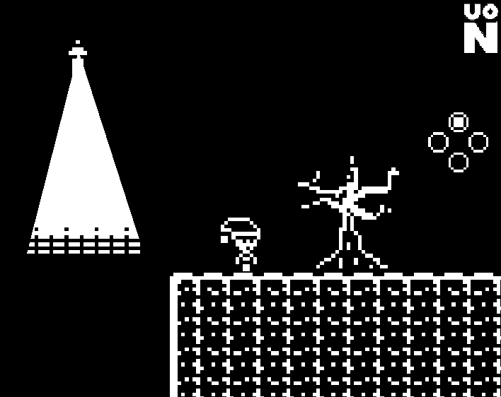Pixel art scene with a character standing on a platform, a leafless tree, a tent, and circles representing bubbles or bubbles, on a black background.