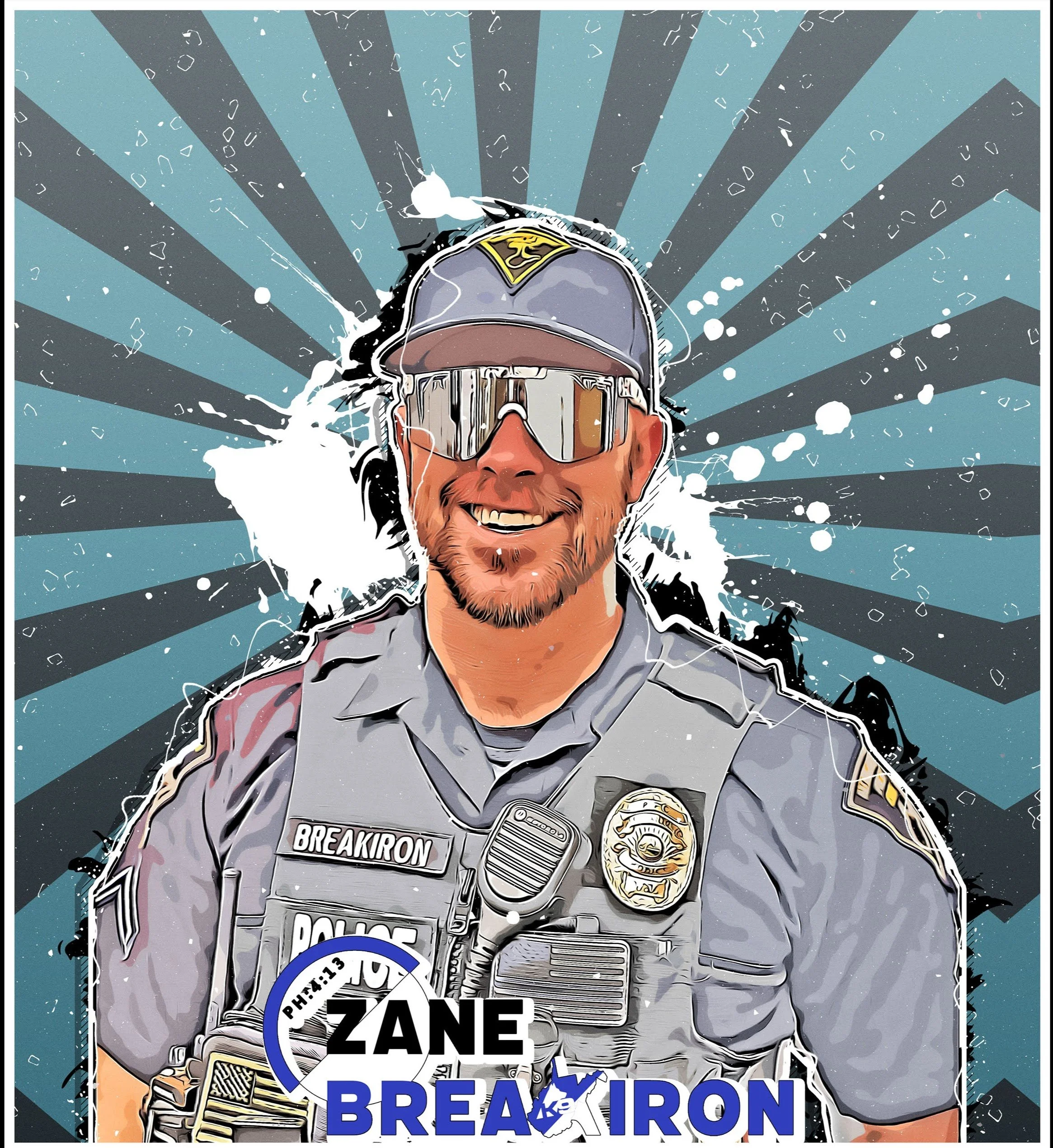 Animated poster of a police officer wearing reflective sunglasses and a cap, smiling, with a background of radial blue and gray lines, splatters, and abstract shapes, featuring badges and text related to police and security.