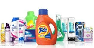 Assorted personal care and laundry products, including shampoo, lotion, cleaning spray, laundry detergent, and toiletries.