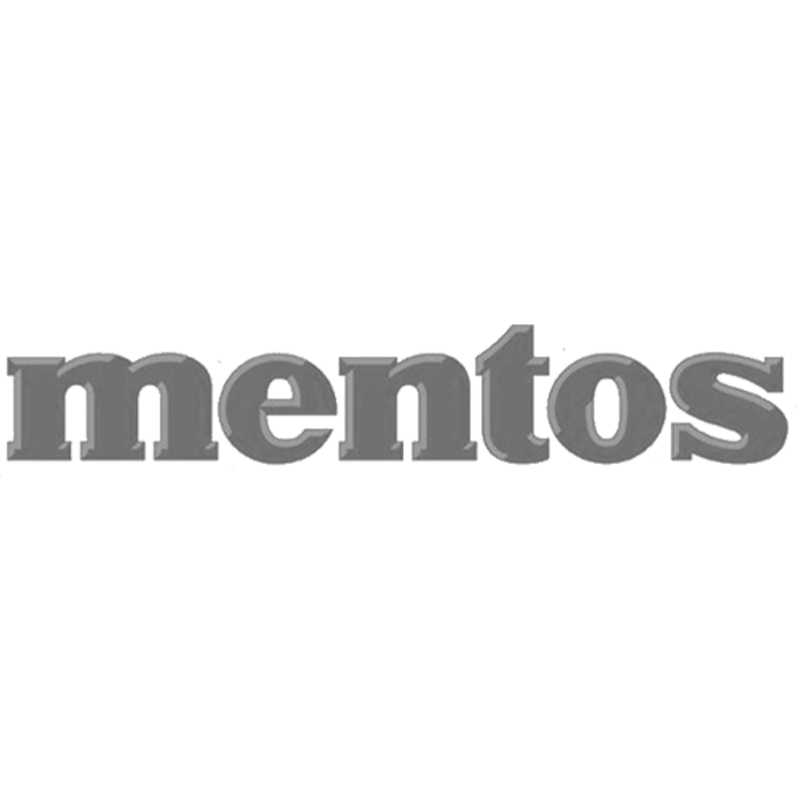 Close-up of the M on the M&M's logo, showing part of the word 'Mentos' in black and gray text.