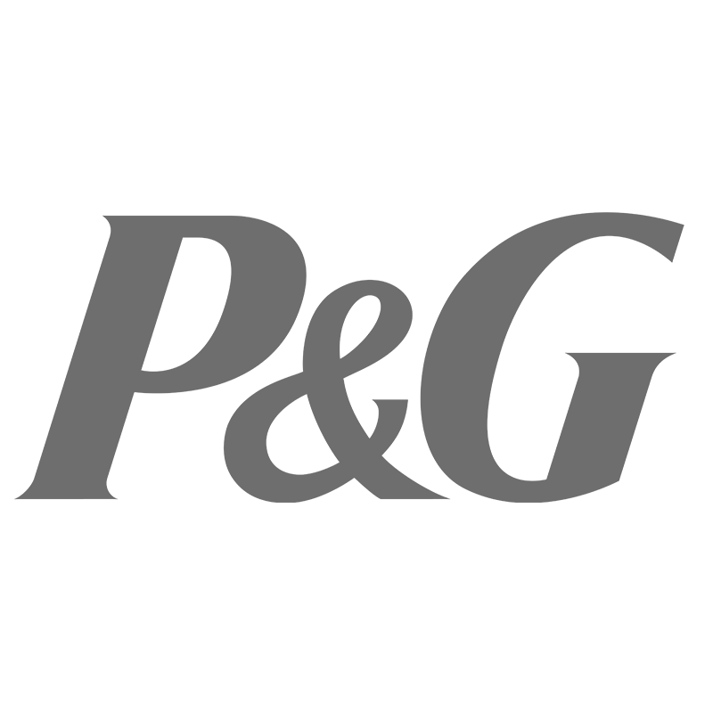 The P&G logo in gray text on a black background.