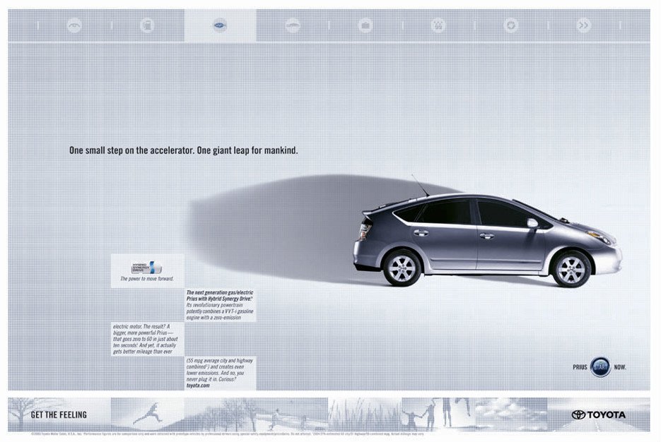 An advertisement showcasing a silver Toyota Prius hatchback, emphasizing its fuel efficiency and electric power, with the tagline "One small step on the accelerator. One giant leap for mankind."