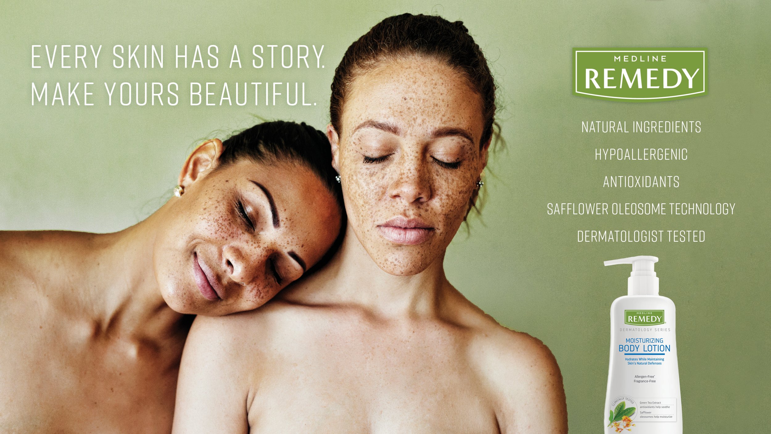 Two women with freckled skin, one with eyes closed and head resting on the other's shoulder, in front of a green background. Text promoting skincare products and ingredients.