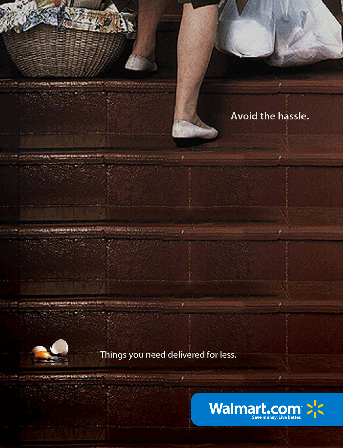 A staircase with brown tiled steps. On the upper steps, a basket with cut fabric or yarn and a person with socks visible. On the middle steps, a cracked egg and white shell pieces. Text overlay on the image reads, 'Avoid the hassle.' and 'Things you need delivered for less.' The Walmart logo is at the bottom right corner.